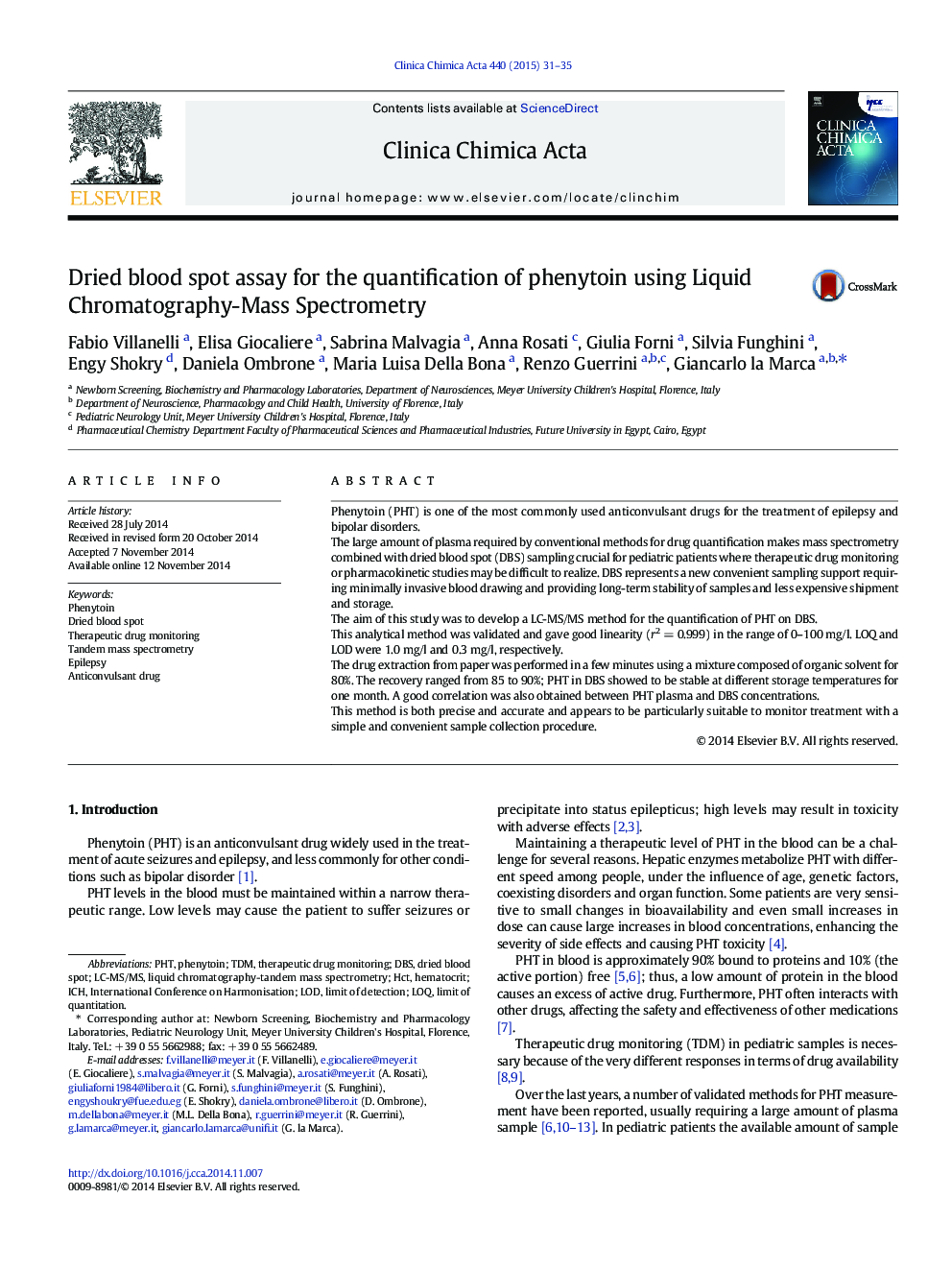 Dried blood spot assay for the quantification of phenytoin using Liquid Chromatography-Mass Spectrometry