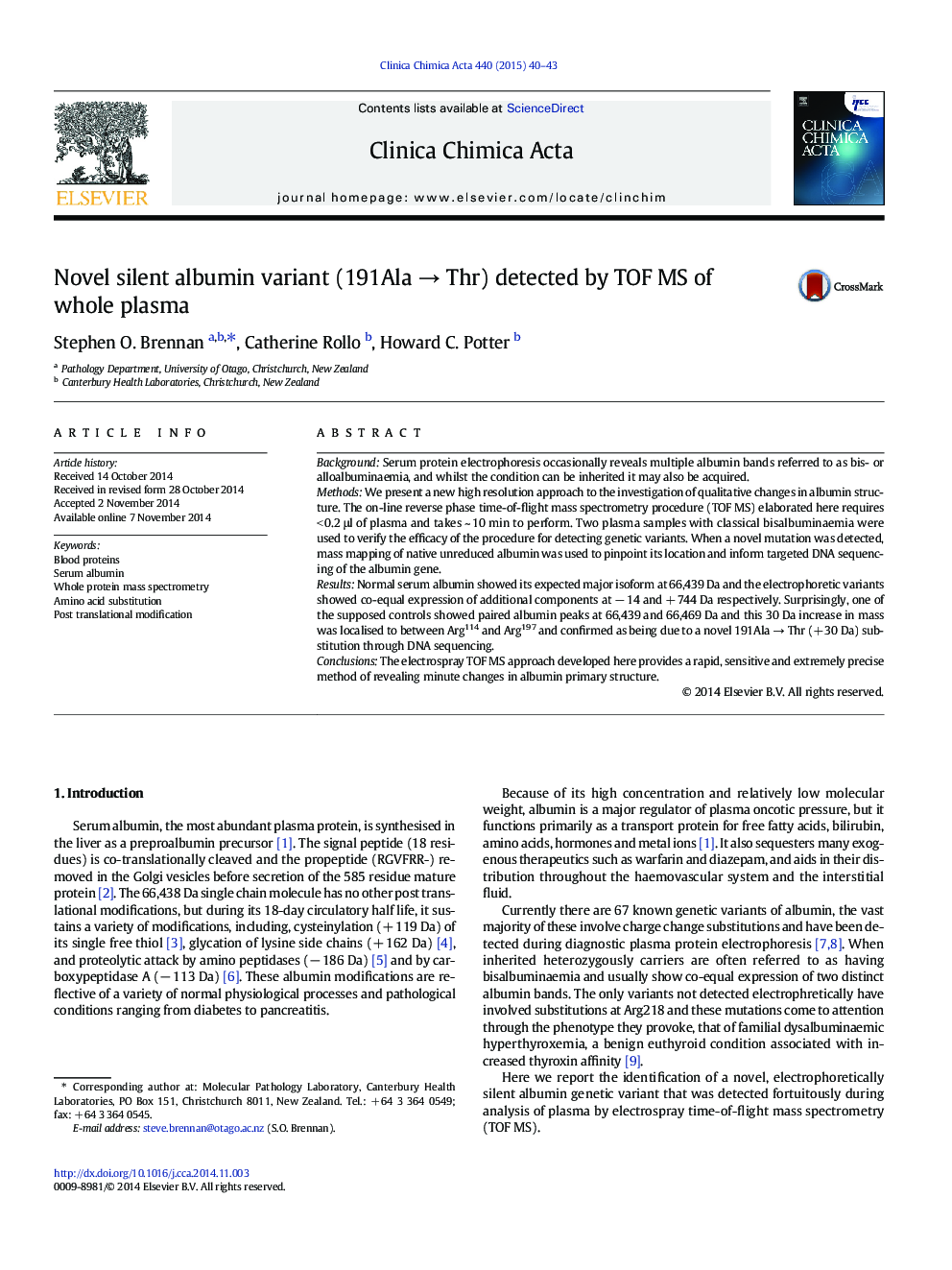 Novel silent albumin variant (191Ala → Thr) detected by TOF MS of whole plasma