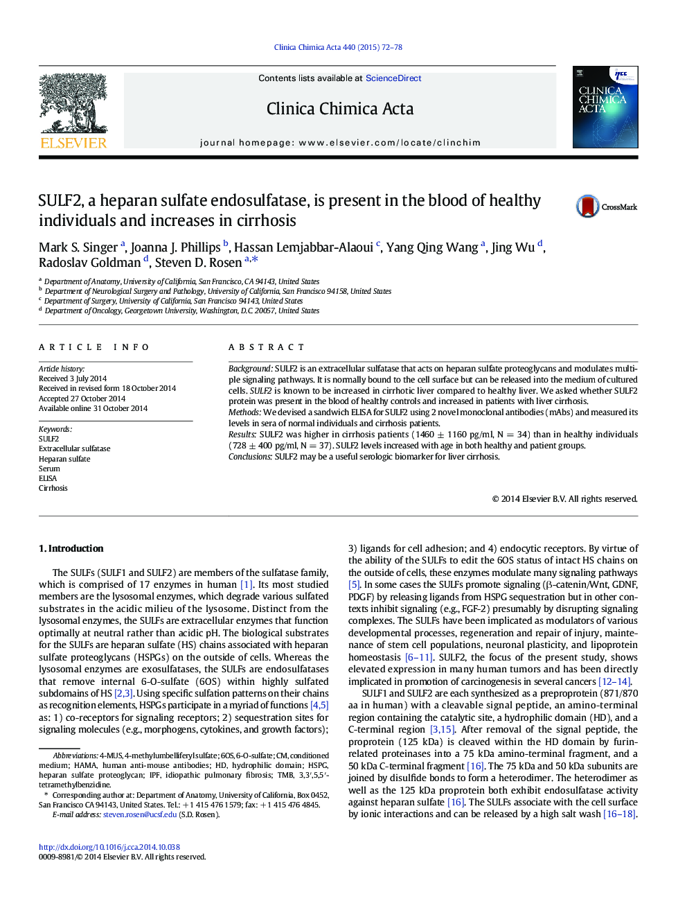 SULF2, a heparan sulfate endosulfatase, is present in the blood of healthy individuals and increases in cirrhosis