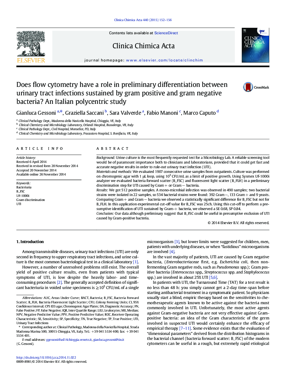 Does flow cytometry have a role in preliminary differentiation between urinary tract infections sustained by gram positive and gram negative bacteria? An Italian polycentric study