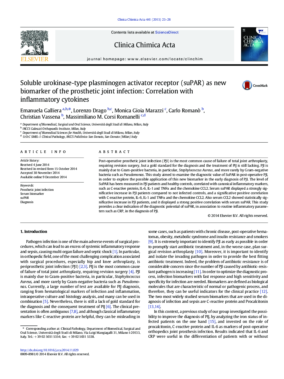 Soluble urokinase-type plasminogen activator receptor (suPAR) as new biomarker of the prosthetic joint infection: Correlation with inflammatory cytokines