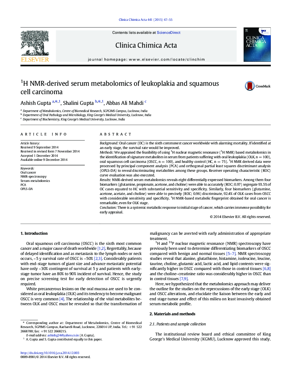 1H NMR-derived serum metabolomics of leukoplakia and squamous cell carcinoma