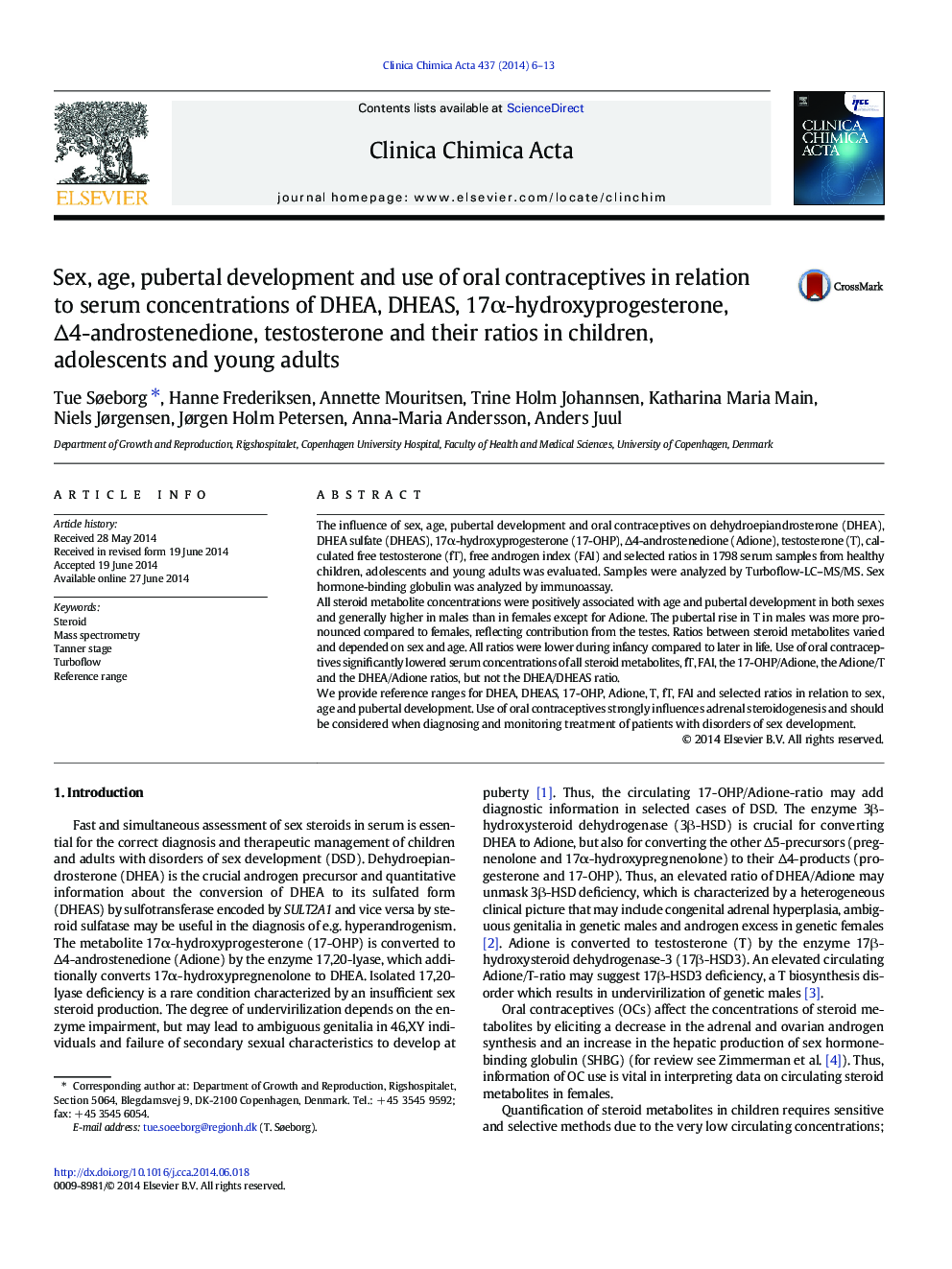 Sex, age, pubertal development and use of oral contraceptives in relation to serum concentrations of DHEA, DHEAS, 17α-hydroxyprogesterone, Δ4-androstenedione, testosterone and their ratios in children, adolescents and young adults
