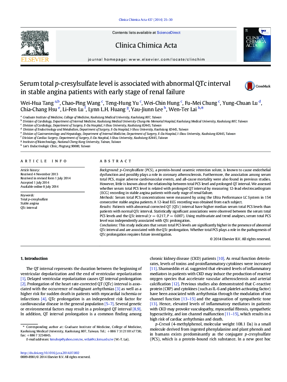 Serum total p-cresylsulfate level is associated with abnormal QTc interval in stable angina patients with early stage of renal failure