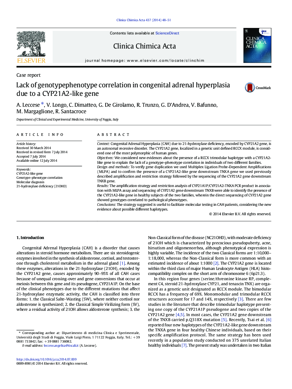 Lack of genotypephenotype correlation in congenital adrenal hyperplasia due to a CYP21A2-like gene