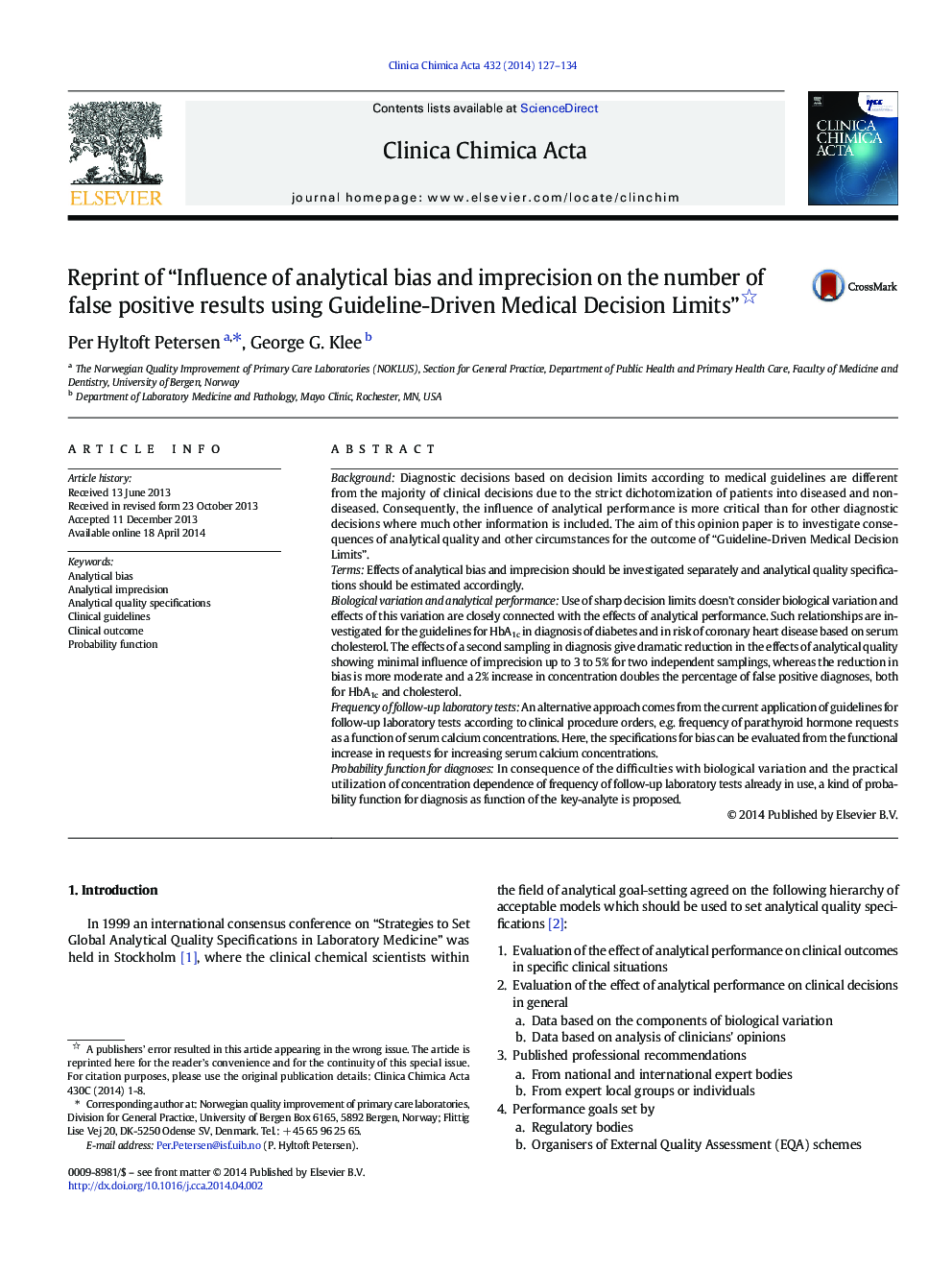 Reprint of “Influence of analytical bias and imprecision on the number of false positive results using Guideline-Driven Medical Decision Limits” 