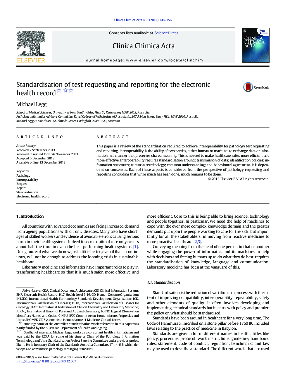 Standardisation of test requesting and reporting for the electronic health record 