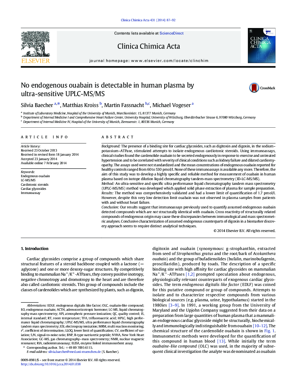 No endogenous ouabain is detectable in human plasma by ultra-sensitive UPLC-MS/MS