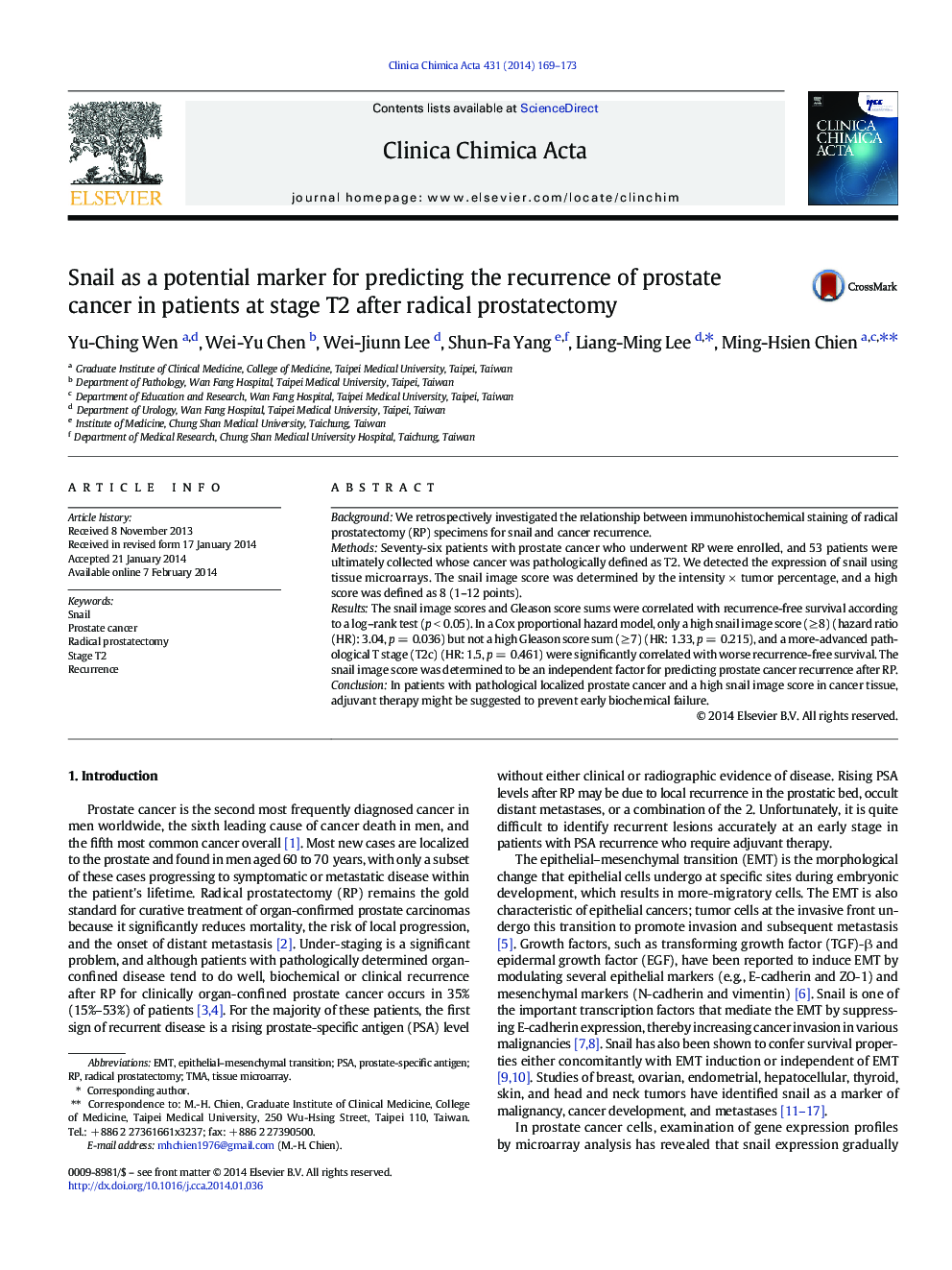 Snail as a potential marker for predicting the recurrence of prostate cancer in patients at stage T2 after radical prostatectomy