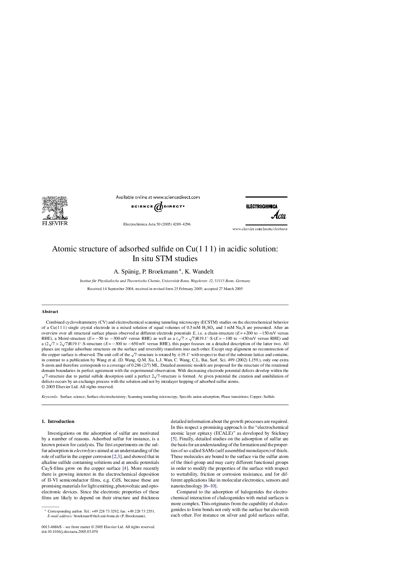 Atomic structure of adsorbed sulfide on Cu(1 1 1) in acidic solution: In situ STM studies