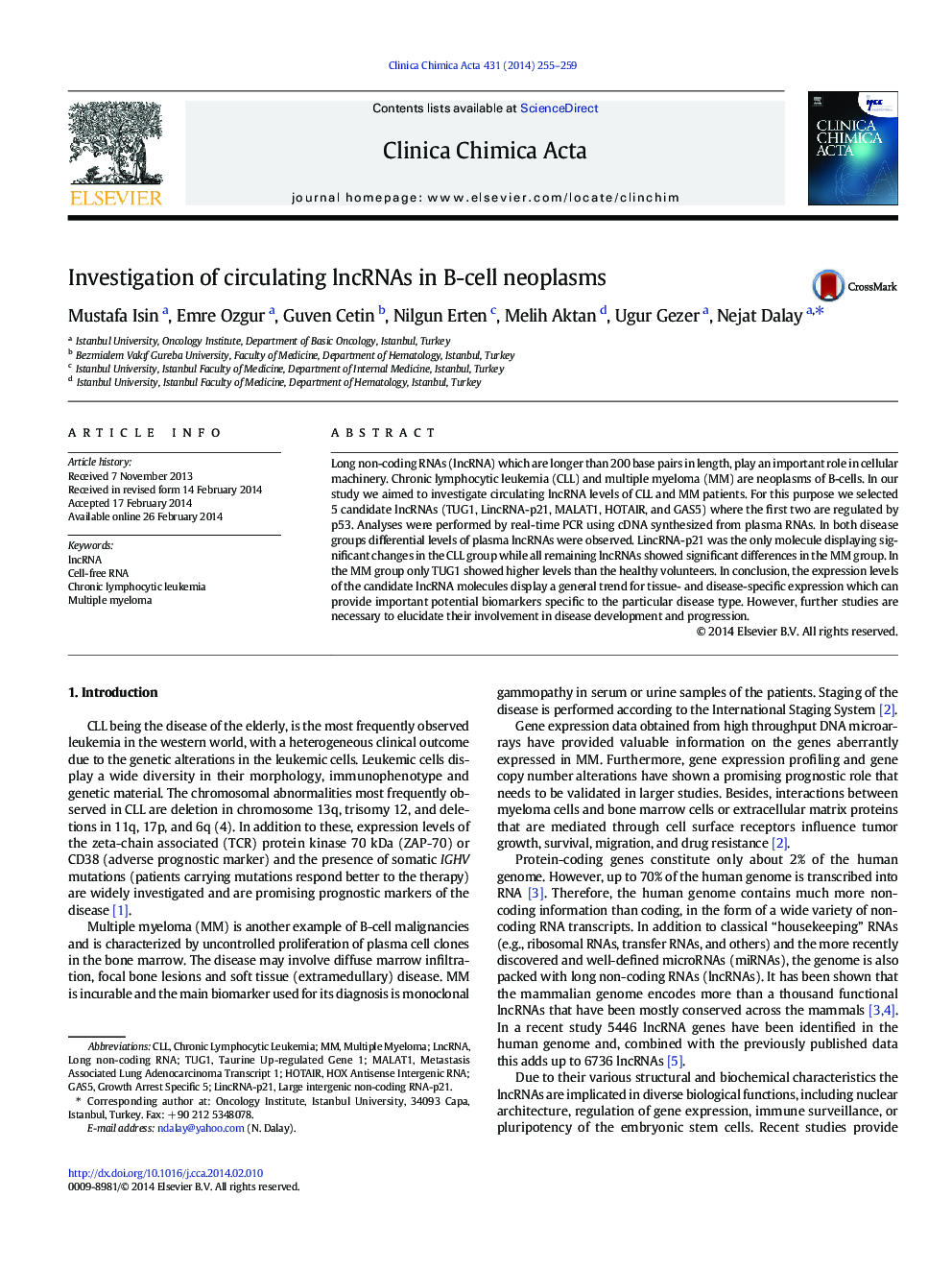 Investigation of circulating lncRNAs in B-cell neoplasms