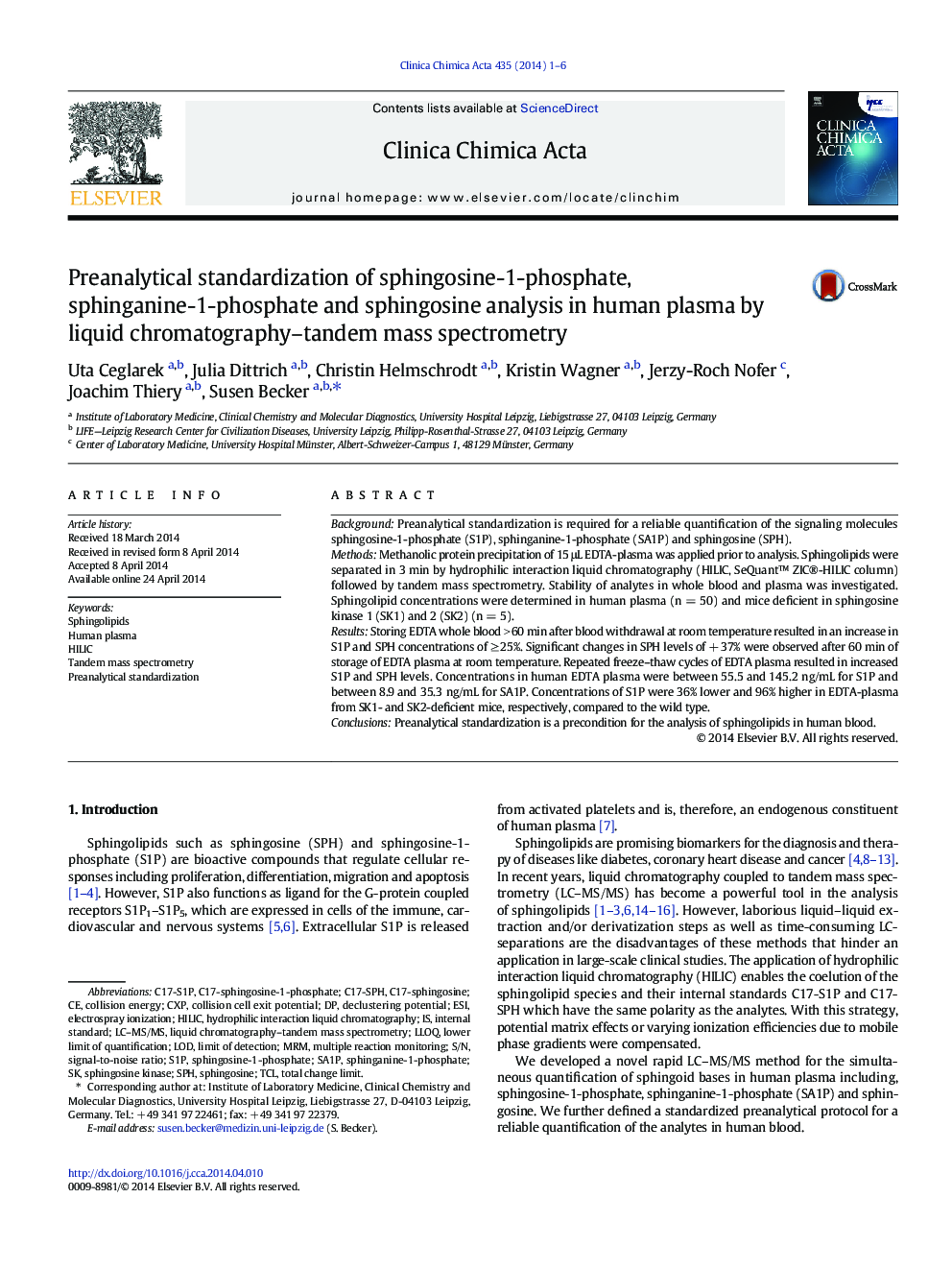 Preanalytical standardization of sphingosine-1-phosphate, sphinganine-1-phosphate and sphingosine analysis in human plasma by liquid chromatography-tandem mass spectrometry