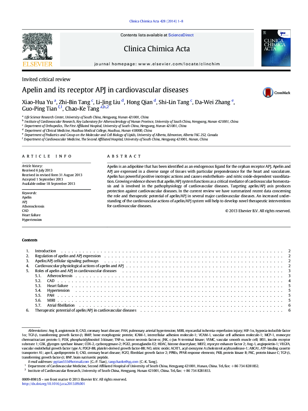 Apelin and its receptor APJ in cardiovascular diseases