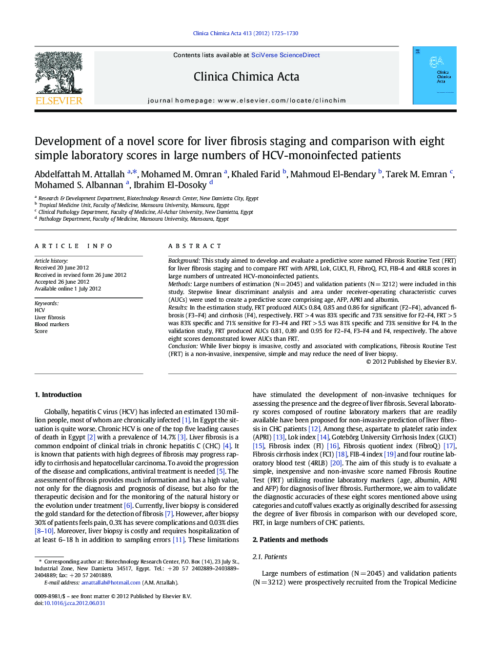 Development of a novel score for liver fibrosis staging and comparison with eight simple laboratory scores in large numbers of HCV-monoinfected patients