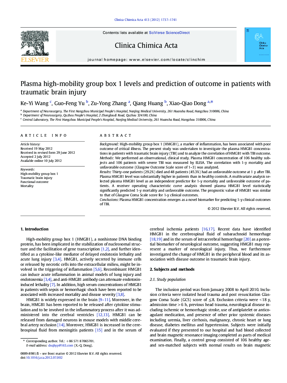 Plasma high-mobility group box 1 levels and prediction of outcome in patients with traumatic brain injury