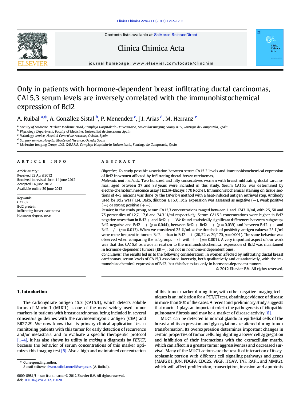 عکس صفحه اول مقاله: Only in patients with hormone‐dependent breast infiltrating ductal carcinomas, CA15.3 serum levels are inversely correlated with the immunohistochemical expression of Bcl2 Only in patients with hormone‐dependent breast infiltrating ductal carcinomas, CA15.3 serum levels are inversely correlated with the immunohistochemical expression of Bcl2