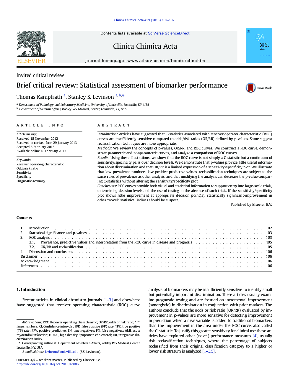 Brief critical review: Statistical assessment of biomarker performance