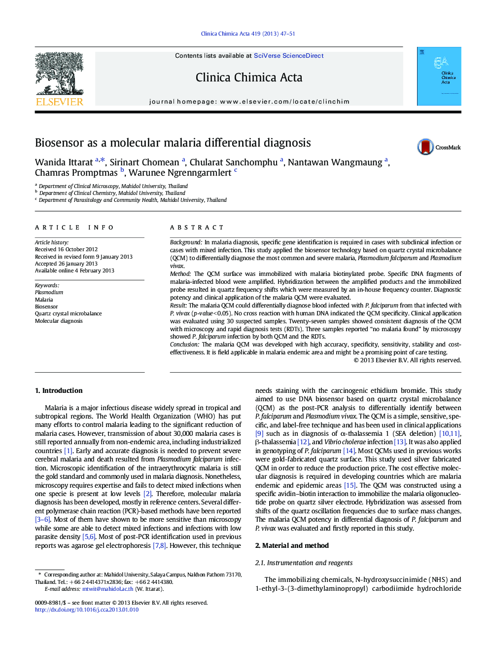 Biosensor as a molecular malaria differential diagnosis