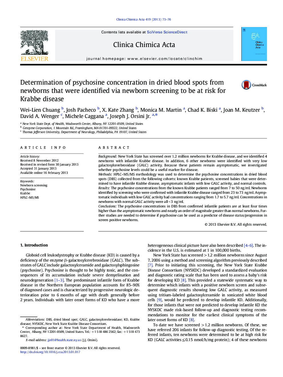 Determination of psychosine concentration in dried blood spots from newborns that were identified via newborn screening to be at risk for Krabbe disease