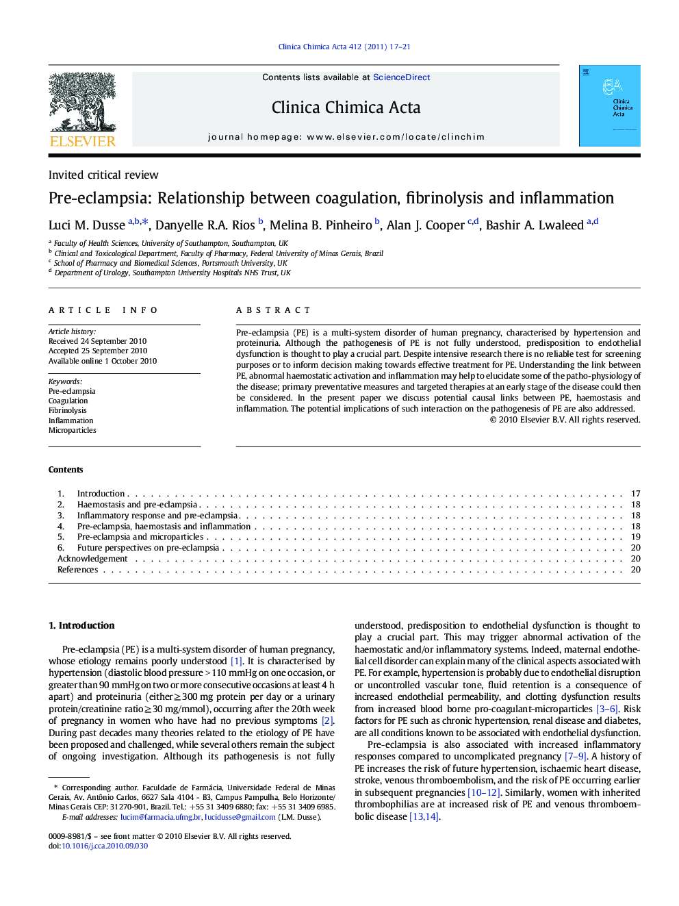 Pre-eclampsia: Relationship between coagulation, fibrinolysis and inflammation