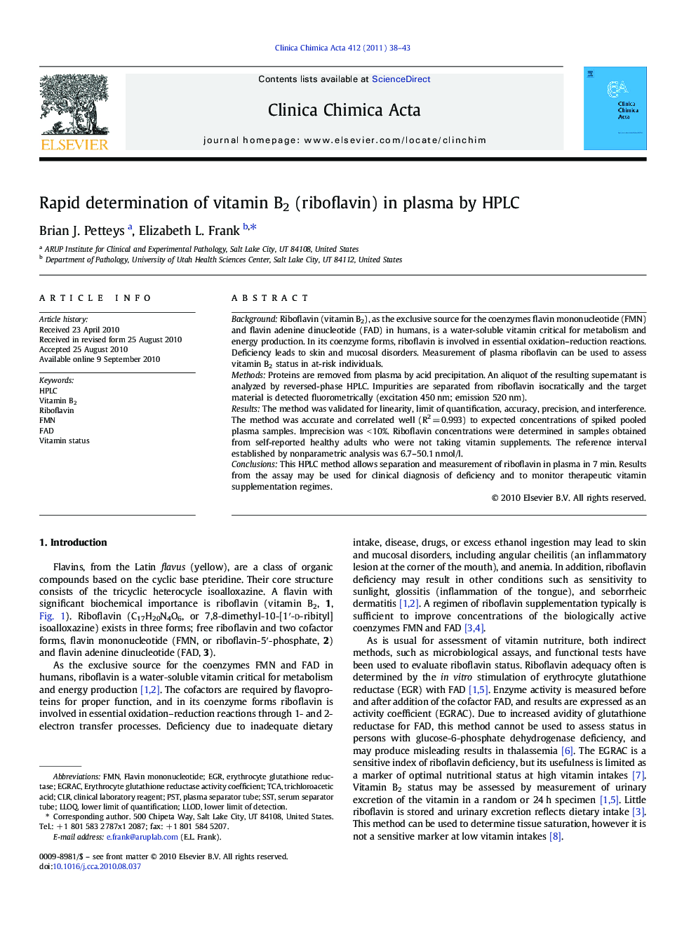 Rapid determination of vitamin B2 (riboflavin) in plasma by HPLC