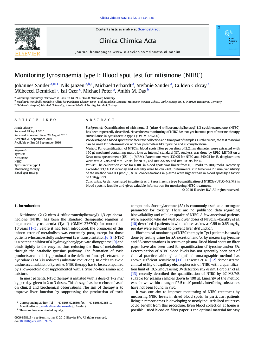 Monitoring tyrosinaemia type I: Blood spot test for nitisinone (NTBC)