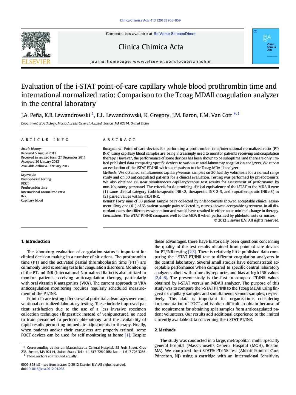Evaluation of the i-STAT point-of-care capillary whole blood prothrombin time and international normalized ratio: Comparison to the Tcoag MDAII coagulation analyzer in the central laboratory