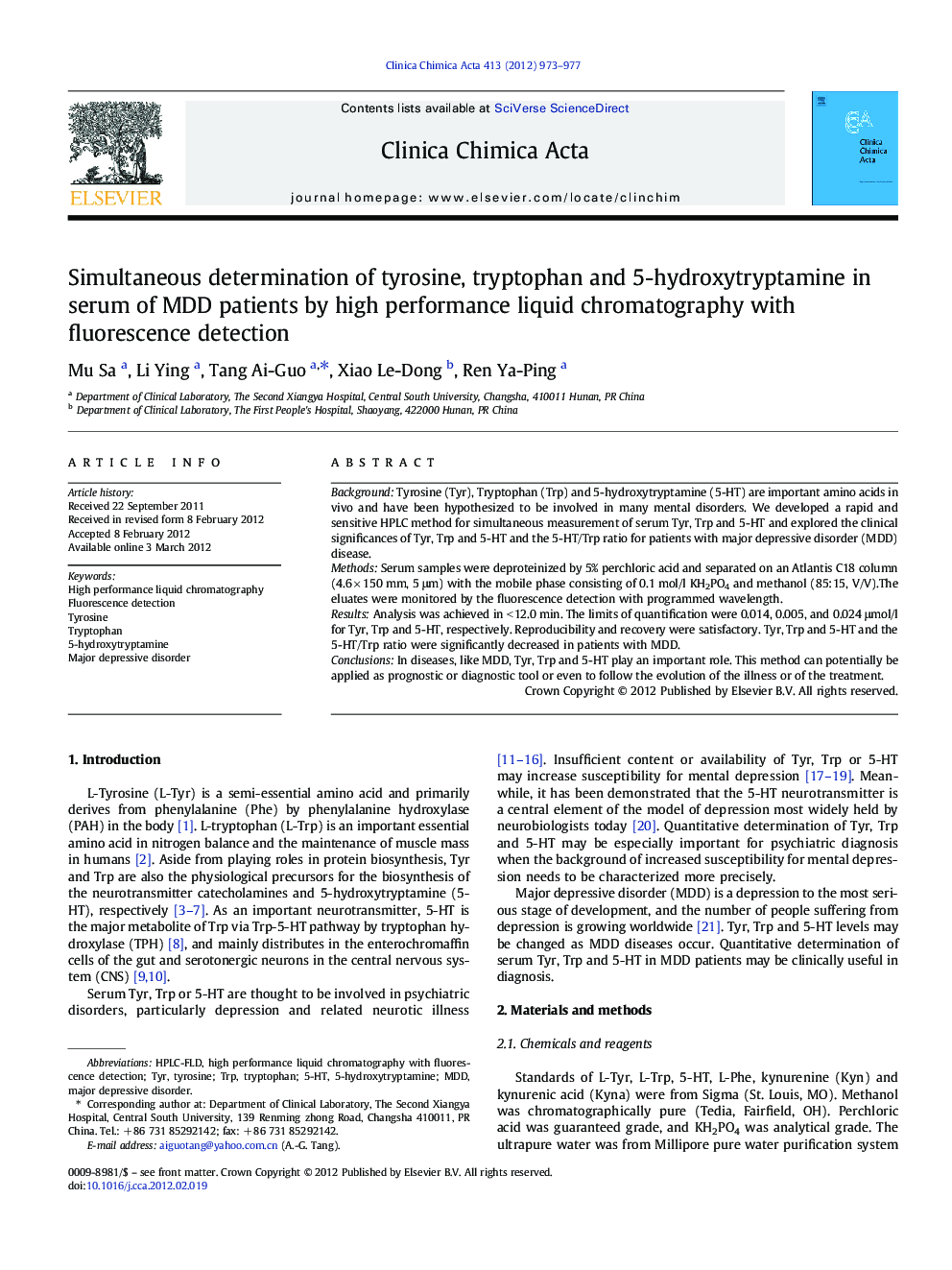 Simultaneous determination of tyrosine, tryptophan and 5-hydroxytryptamine in serum of MDD patients by high performance liquid chromatography with fluorescence detection