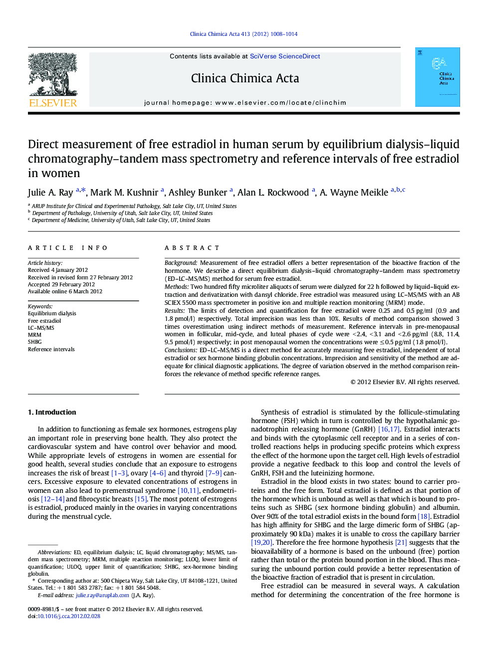 Direct measurement of free estradiol in human serum by equilibrium dialysis–liquid chromatography–tandem mass spectrometry and reference intervals of free estradiol in women