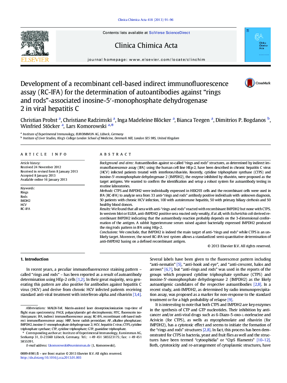 Development of a recombinant cell-based indirect immunofluorescence assay (RC-IFA) for the determination of autoantibodies against “rings and rods”-associated inosine-5′-monophosphate dehydrogenase 2 in viral hepatitis C