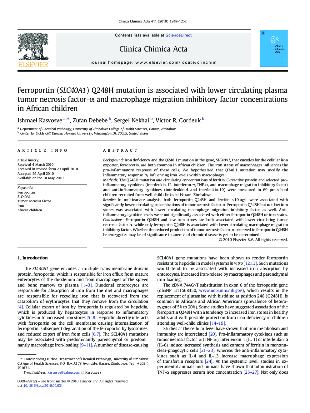 Ferroportin (SLC40A1) Q248H mutation is associated with lower circulating plasma tumor necrosis factor-α and macrophage migration inhibitory factor concentrations in African children