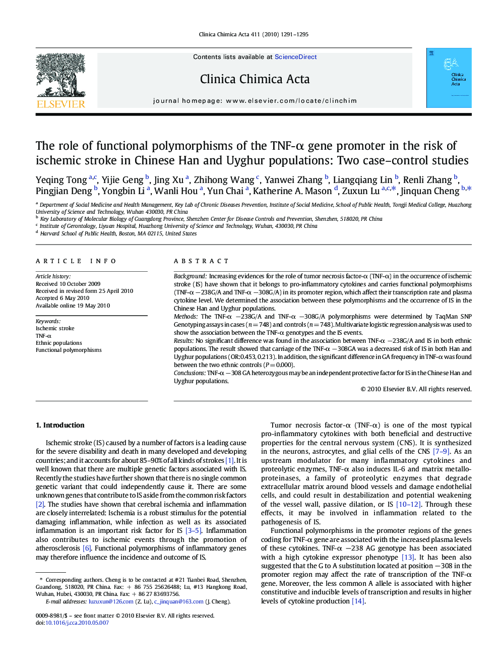 The role of functional polymorphisms of the TNF-α gene promoter in the risk of ischemic stroke in Chinese Han and Uyghur populations: Two case–control studies