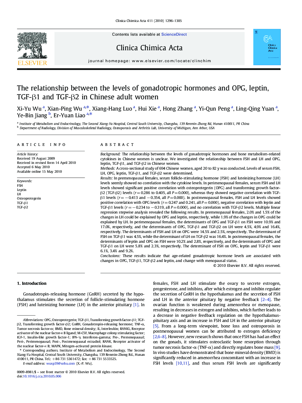 The relationship between the levels of gonadotropic hormones and OPG, leptin, TGF-Î²1 and TGF-Î²2 in Chinese adult women