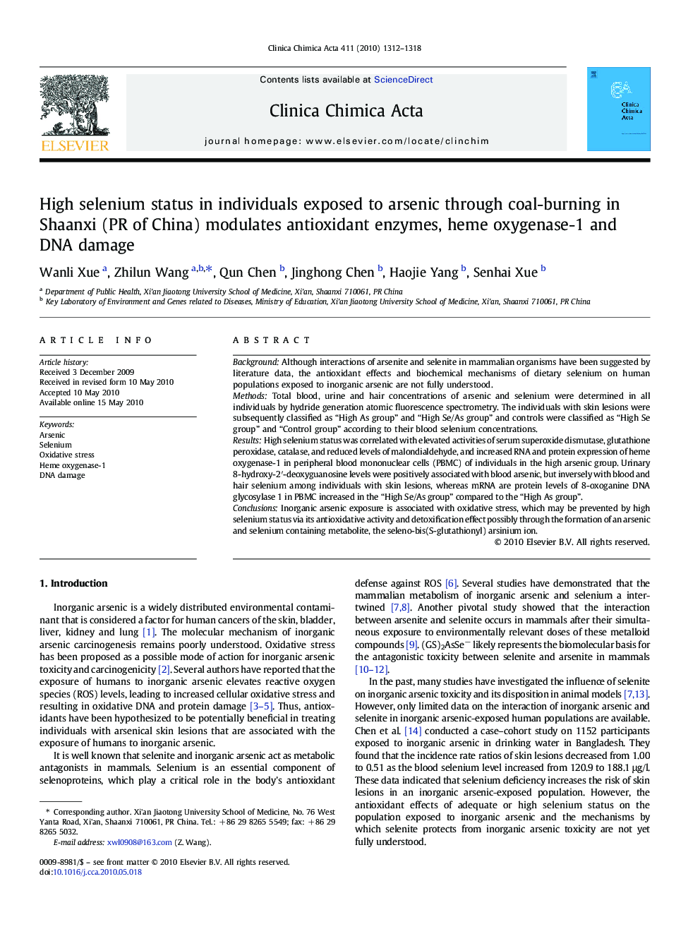 High selenium status in individuals exposed to arsenic through coal-burning in Shaanxi (PR of China) modulates antioxidant enzymes, heme oxygenase-1 and DNA damage