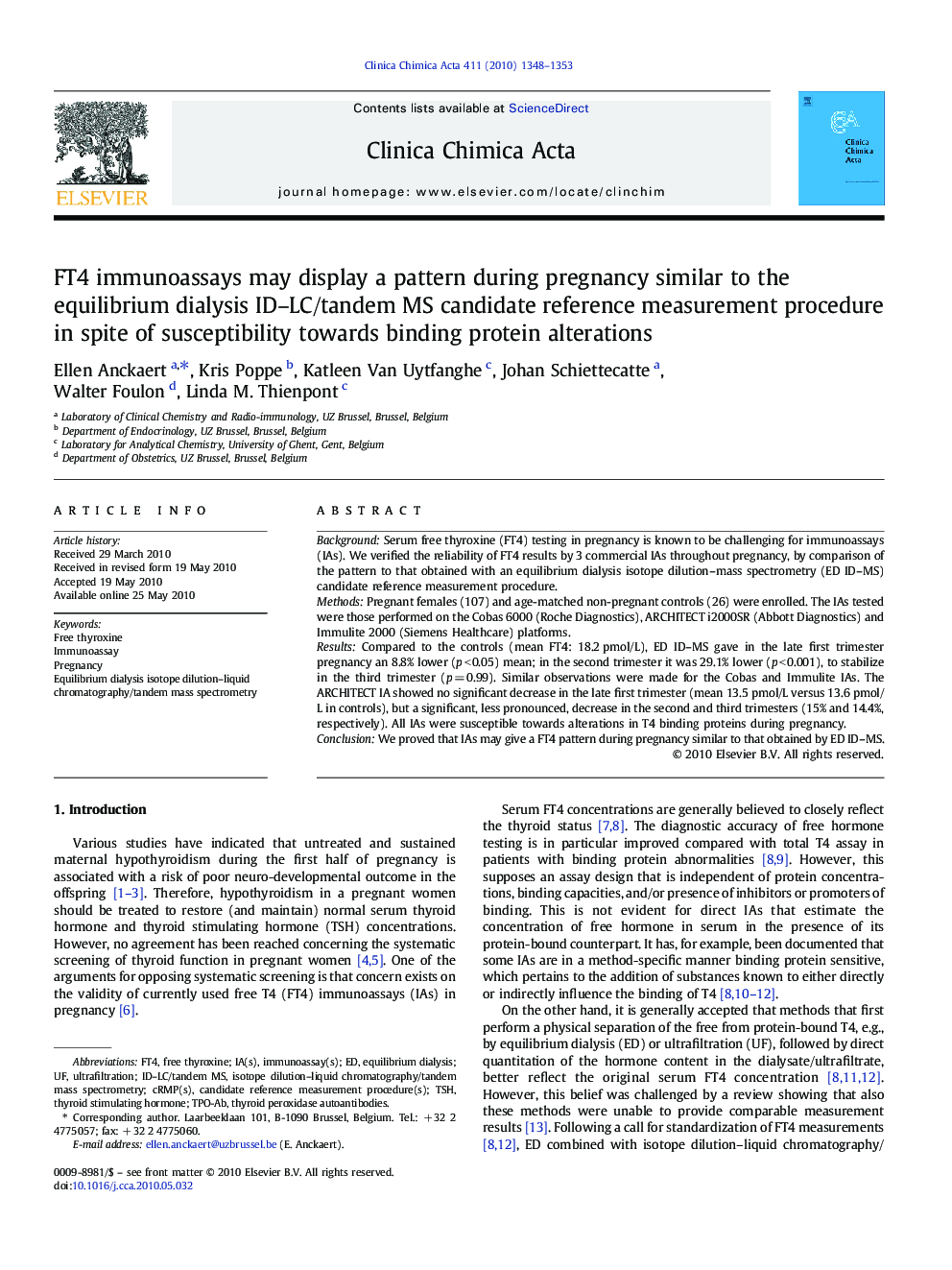 FT4 immunoassays may display a pattern during pregnancy similar to the equilibrium dialysis ID–LC/tandem MS candidate reference measurement procedure in spite of susceptibility towards binding protein alterations