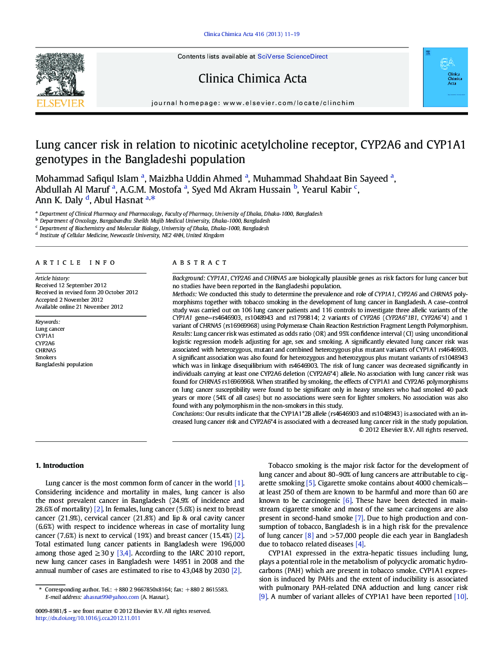 Lung cancer risk in relation to nicotinic acetylcholine receptor, CYP2A6 and CYP1A1 genotypes in the Bangladeshi population