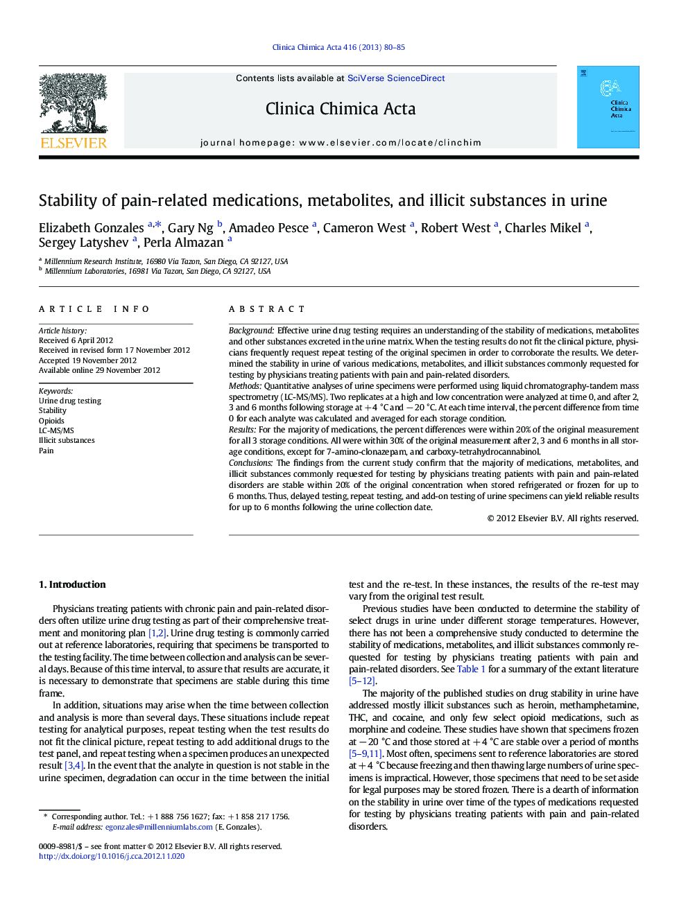 Stability of pain-related medications, metabolites, and illicit substances in urine