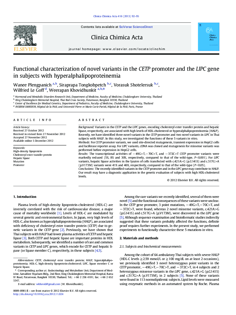 Functional characterization of novel variants in the CETP promoter and the LIPC gene in subjects with hyperalphalipoproteinemia