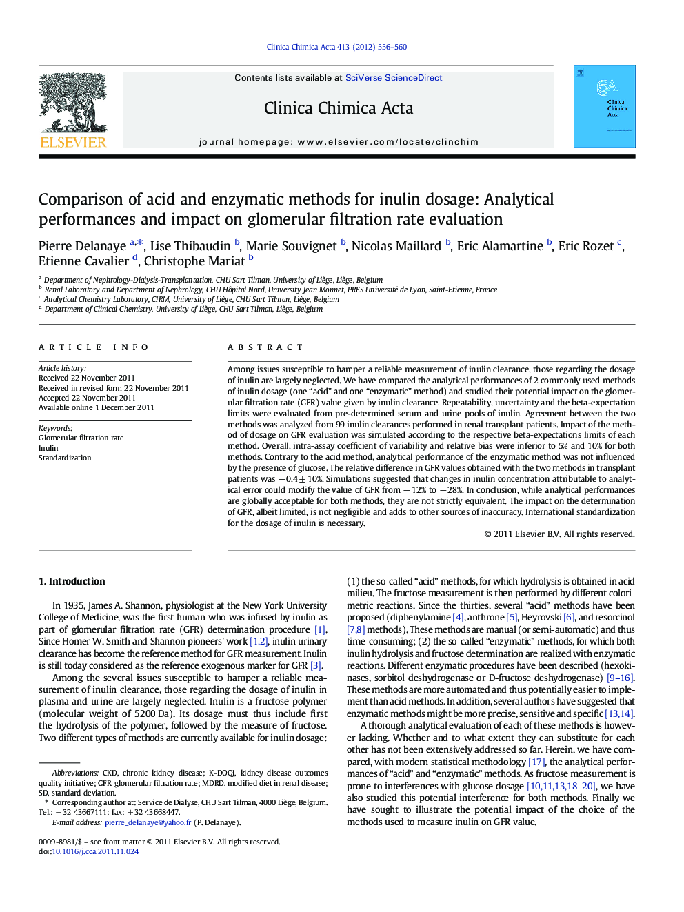 Comparison of acid and enzymatic methods for inulin dosage: Analytical performances and impact on glomerular filtration rate evaluation