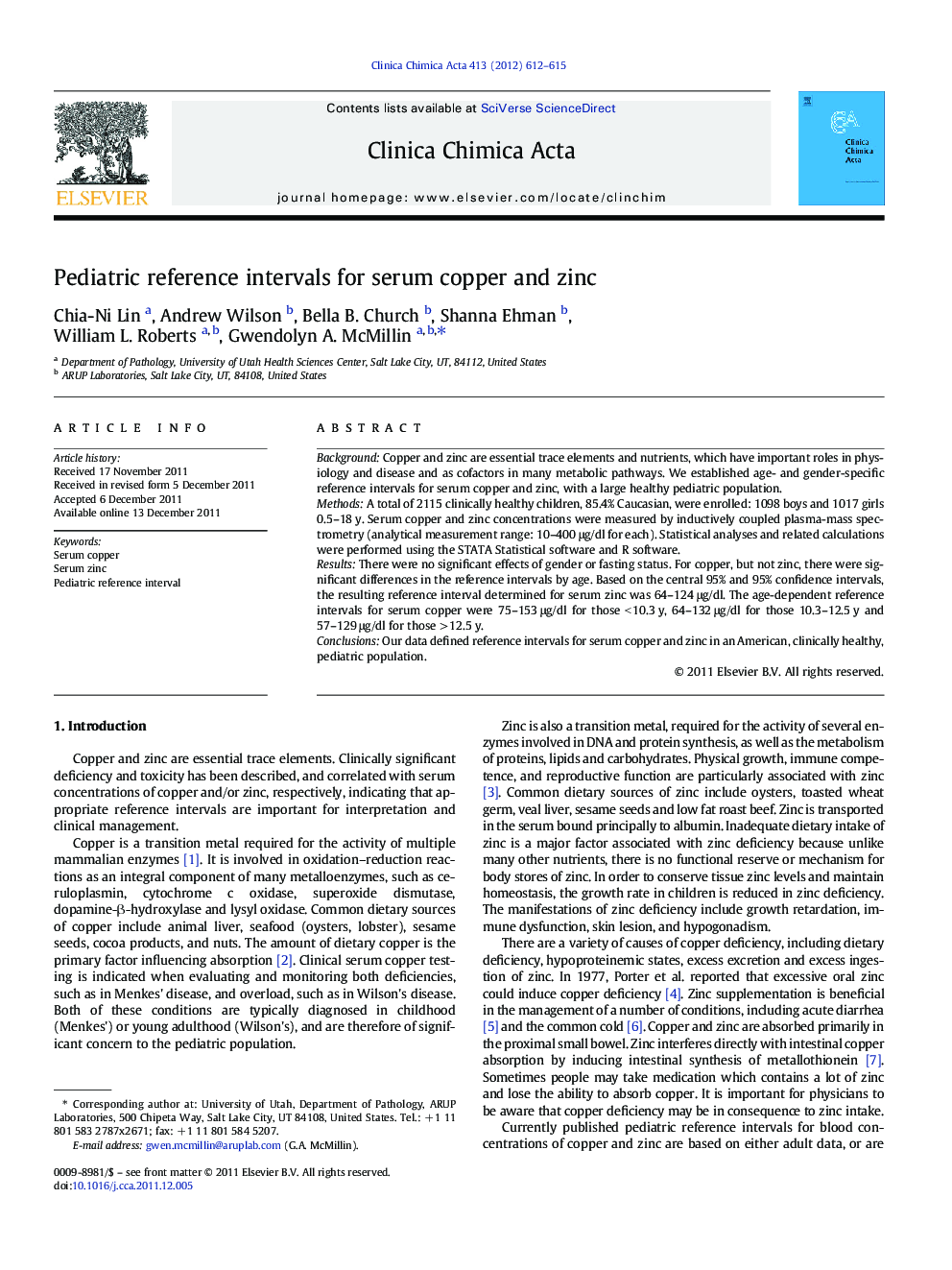 Pediatric reference intervals for serum copper and zinc