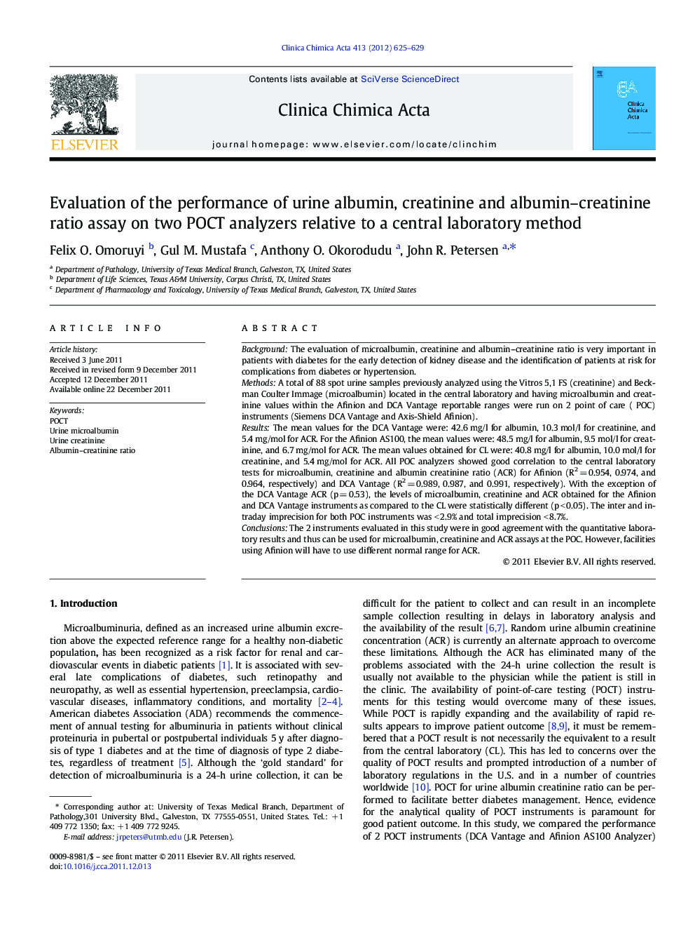 Evaluation of the performance of urine albumin, creatinine and albumin–creatinine ratio assay on two POCT analyzers relative to a central laboratory method