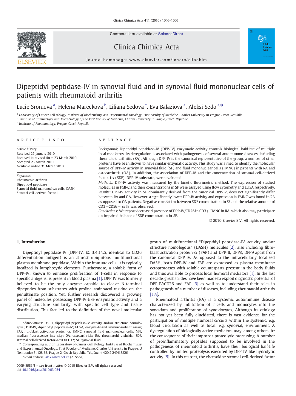 Dipeptidyl peptidase-IV in synovial fluid and in synovial fluid mononuclear cells of patients with rheumatoid arthritis