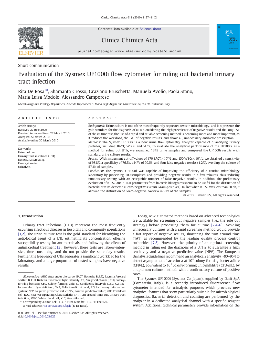 Evaluation of the Sysmex UF1000i flow cytometer for ruling out bacterial urinary tract infection