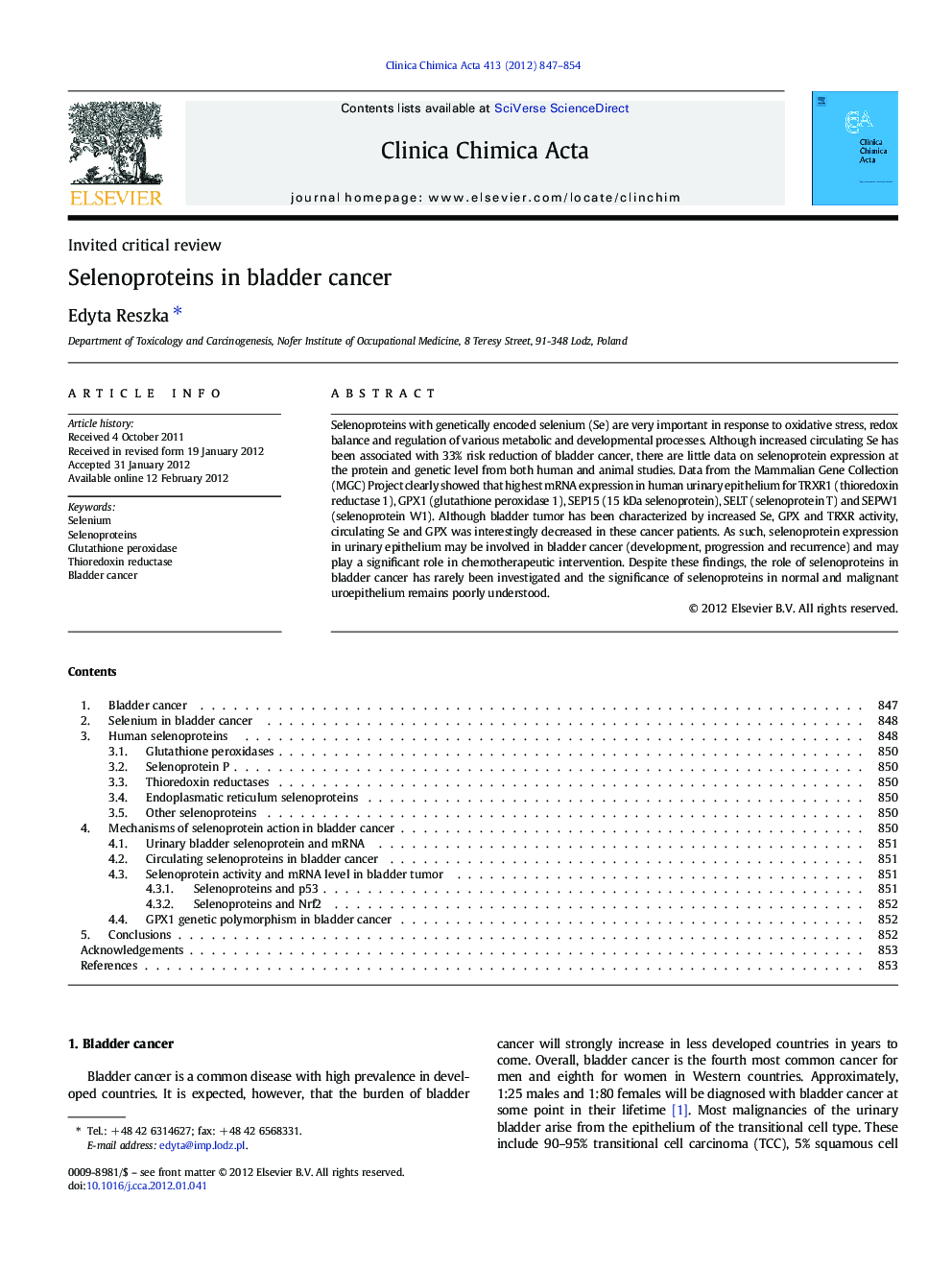 Selenoproteins in bladder cancer