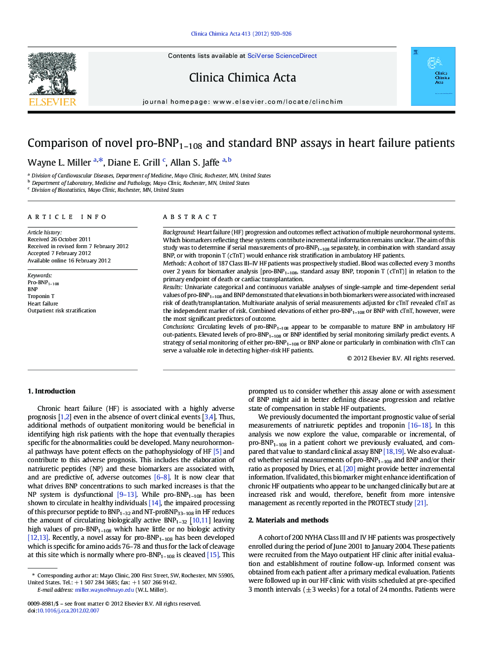 Comparison of novel pro-BNP1–108 and standard BNP assays in heart failure patients