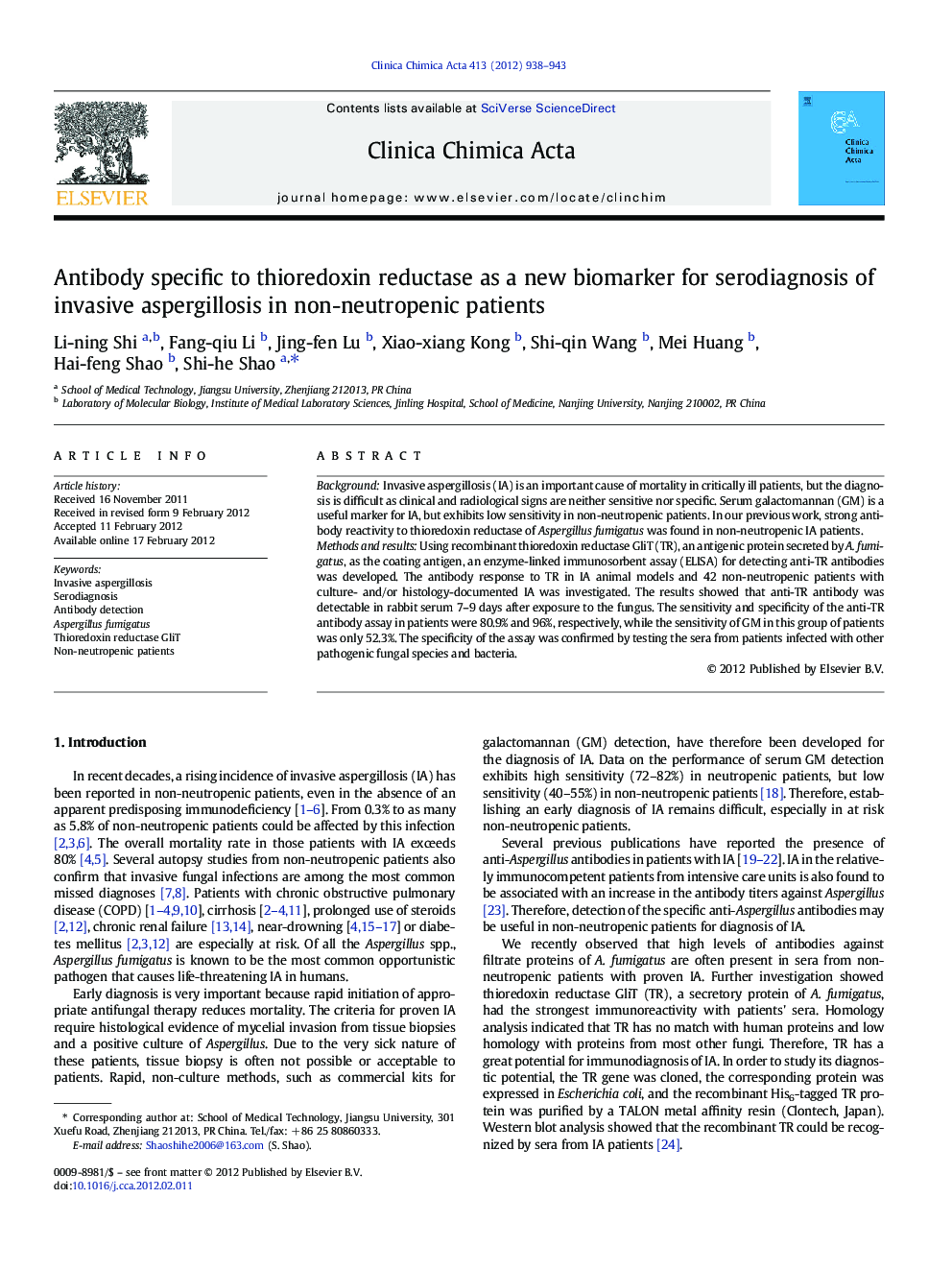 Antibody specific to thioredoxin reductase as a new biomarker for serodiagnosis of invasive aspergillosis in non-neutropenic patients