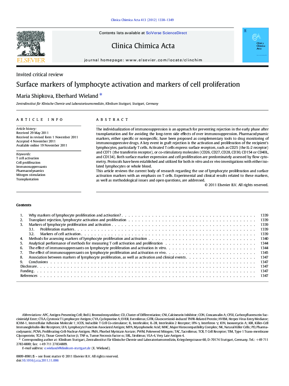 Surface markers of lymphocyte activation and markers of cell proliferation