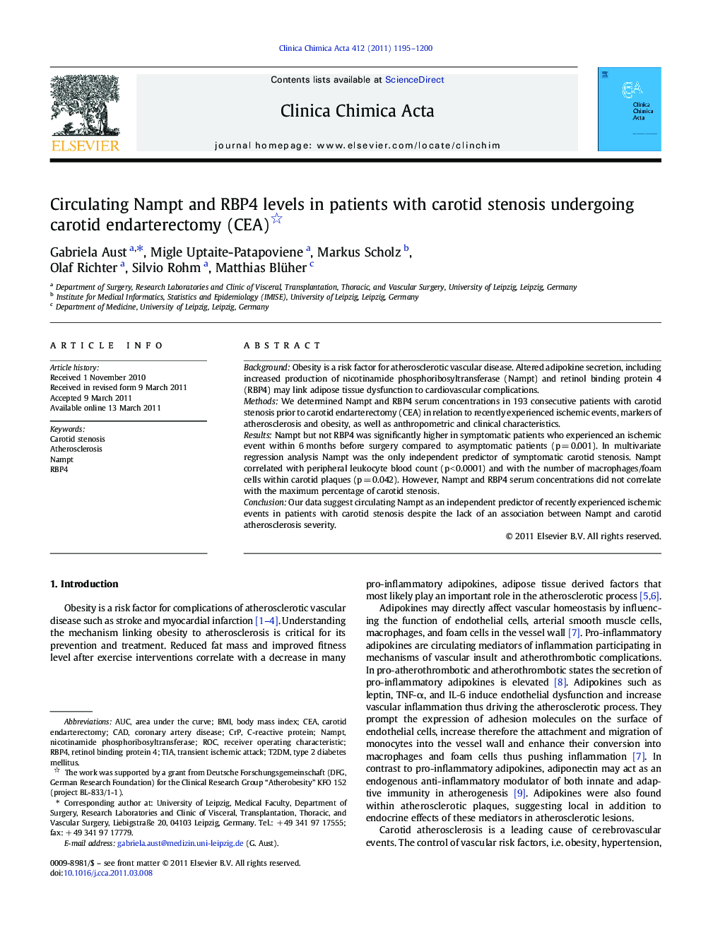 Circulating Nampt and RBP4 levels in patients with carotid stenosis undergoing carotid endarterectomy (CEA) 