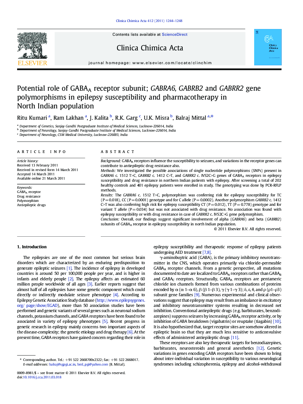 Potential role of GABAA receptor subunit; GABRA6, GABRB2 and GABRR2 gene polymorphisms in epilepsy susceptibility and pharmacotherapy in North Indian population