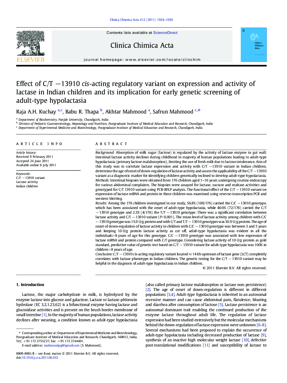Effect of C/T −13910 cis-acting regulatory variant on expression and activity of lactase in Indian children and its implication for early genetic screening of adult-type hypolactasia